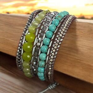 LIZOU Multi Color Turquoise 4mm Bead Leather Strand Wrap Bracelet Necklace
